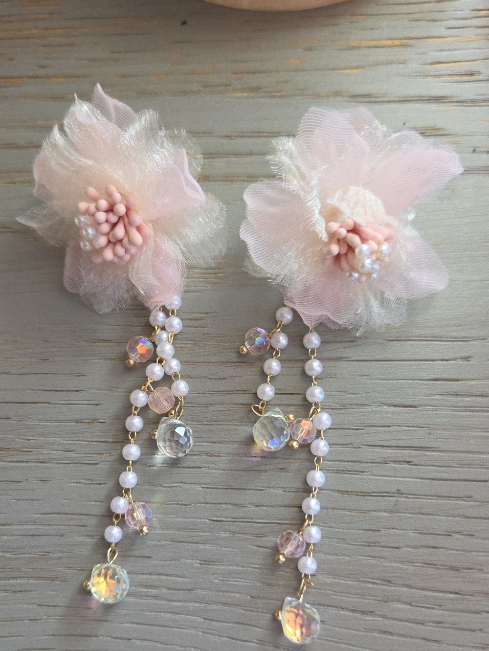 Delicate Pink Floral Drop Earrings with Pearls and Cubic Zirconia Halo.